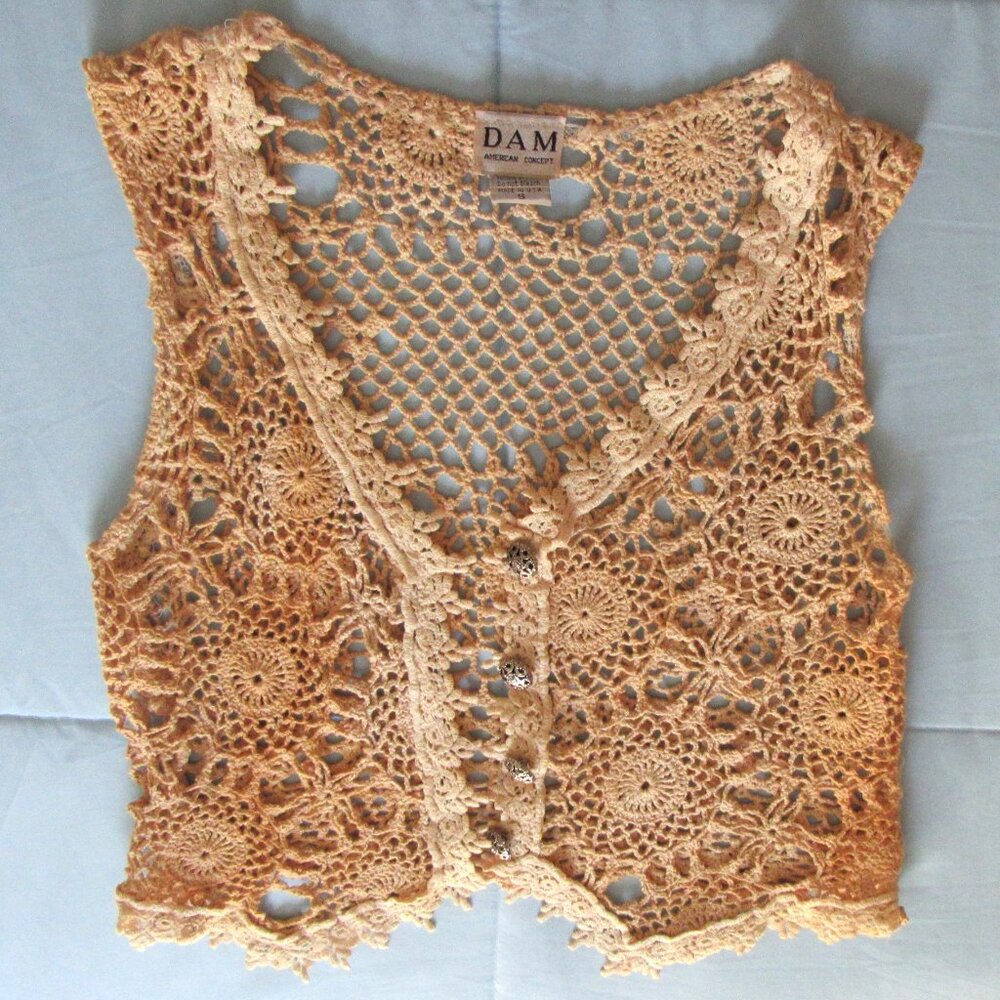 DAM AMERICAN CONCEPTS Crochet Lace Boho Vest Size S 100% Cotton Tea Stained